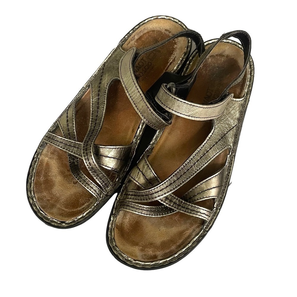 NAOT Isreal Metallic Leather Slip-On Sandal Shoes Black Gold 39 EU